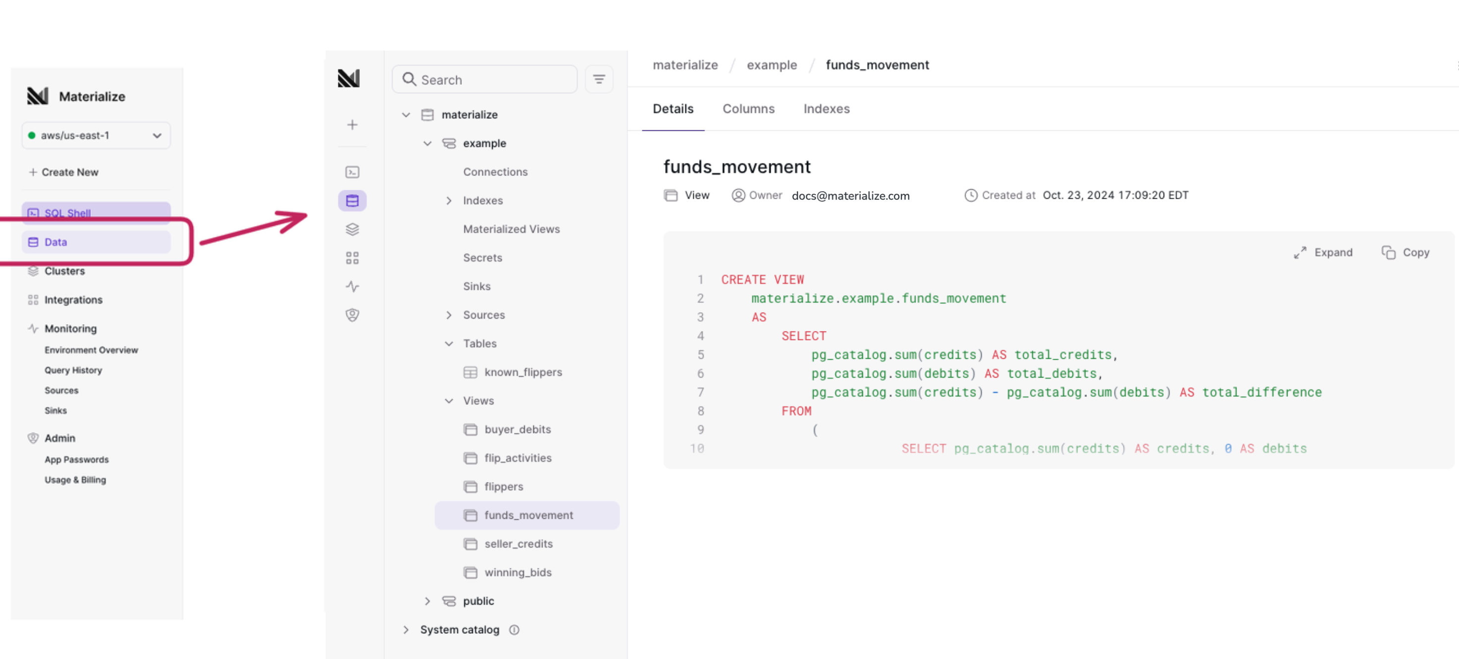 Image of the Materialize Console Database Object
Explorer