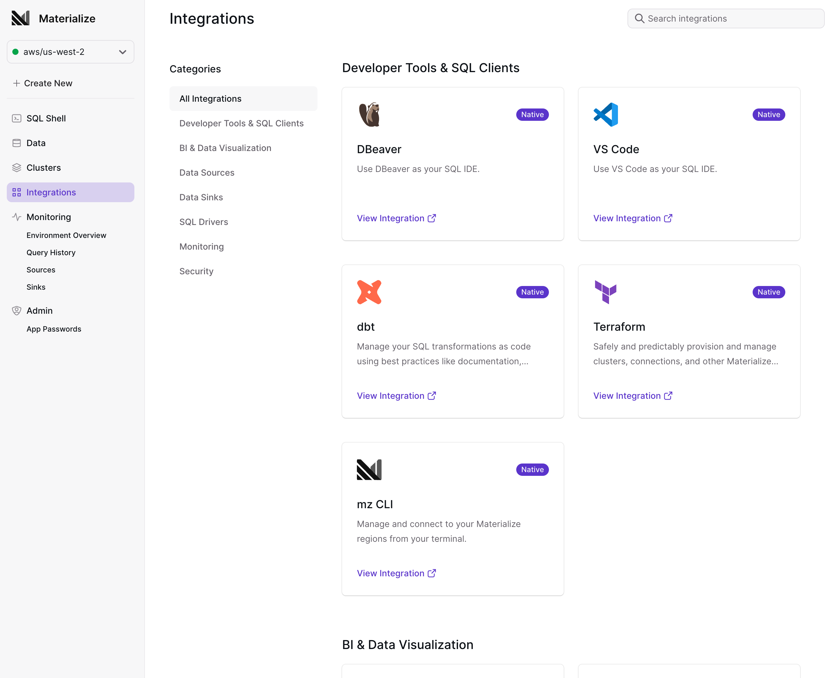 Image of the Materialize Console Integrations page