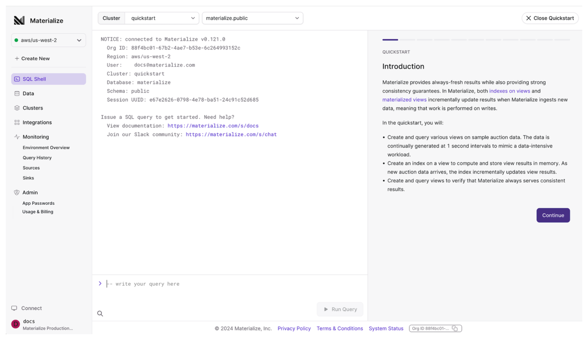 Image of the Materialize Console SQL Shell