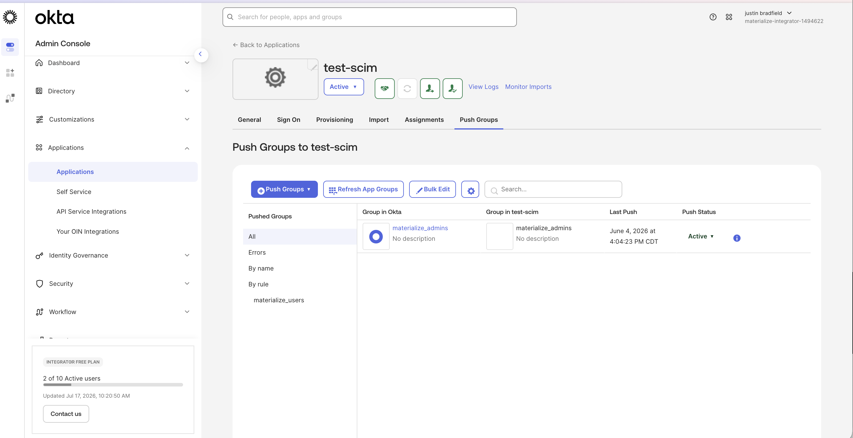 Push Groups tab of the Okta SCIM application Push Groups tab of the Okta SCIM application