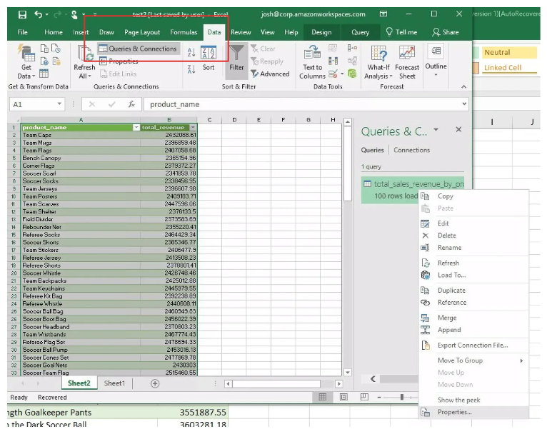 Image of opening Query
Properties