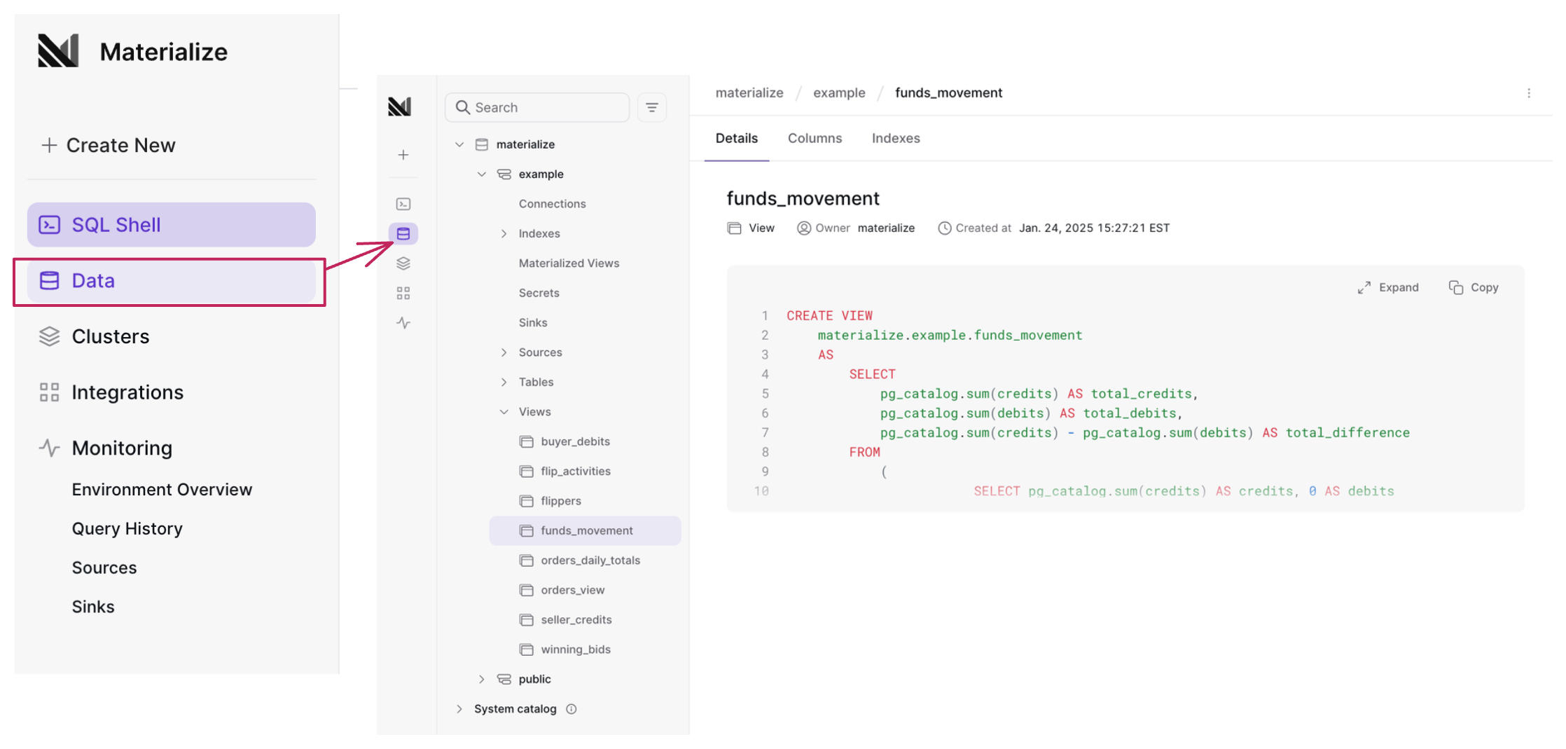 Image of the Materialize Console Database Object
Explorer