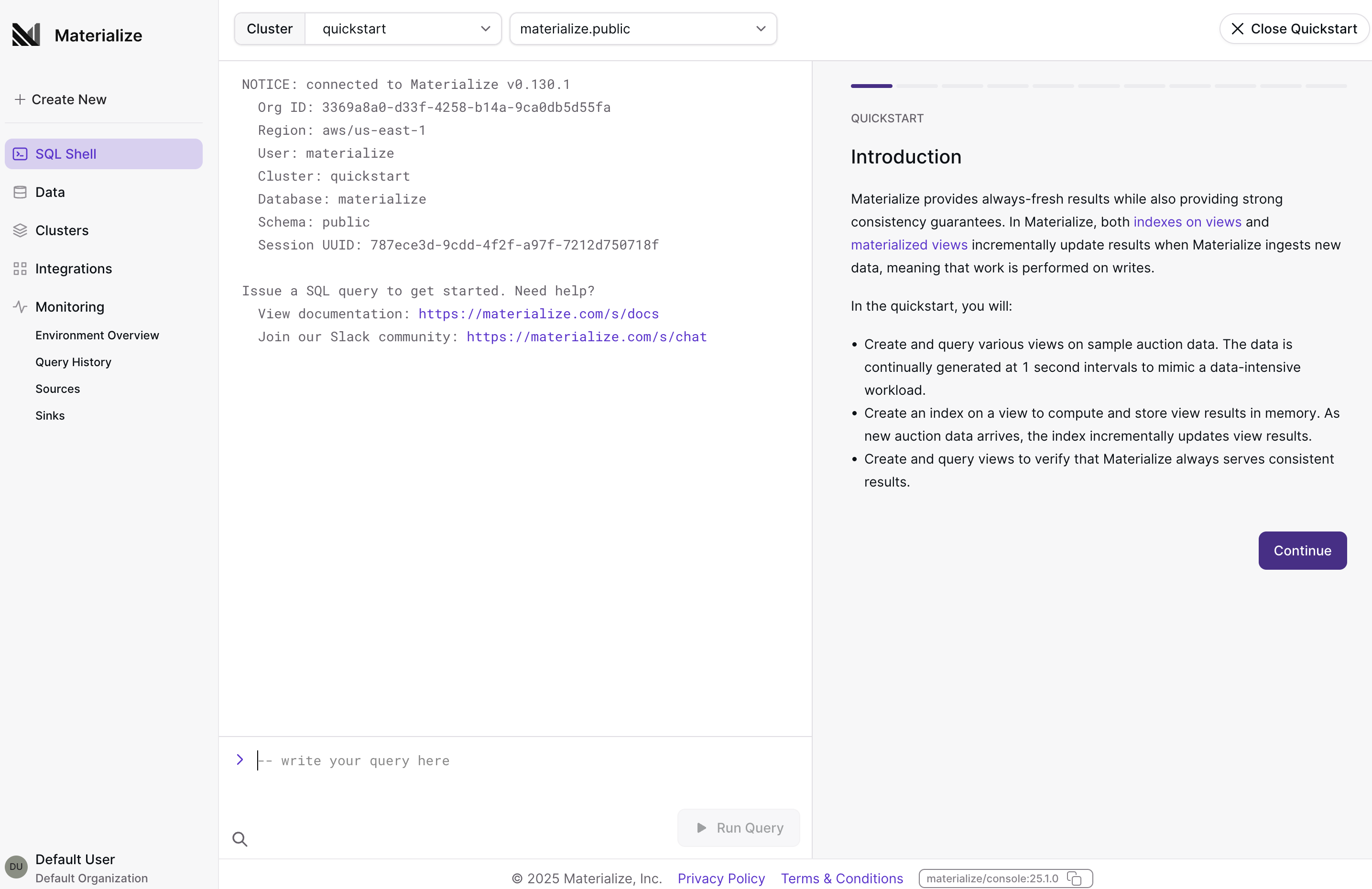 Image of the Materialize Console SQL Shell