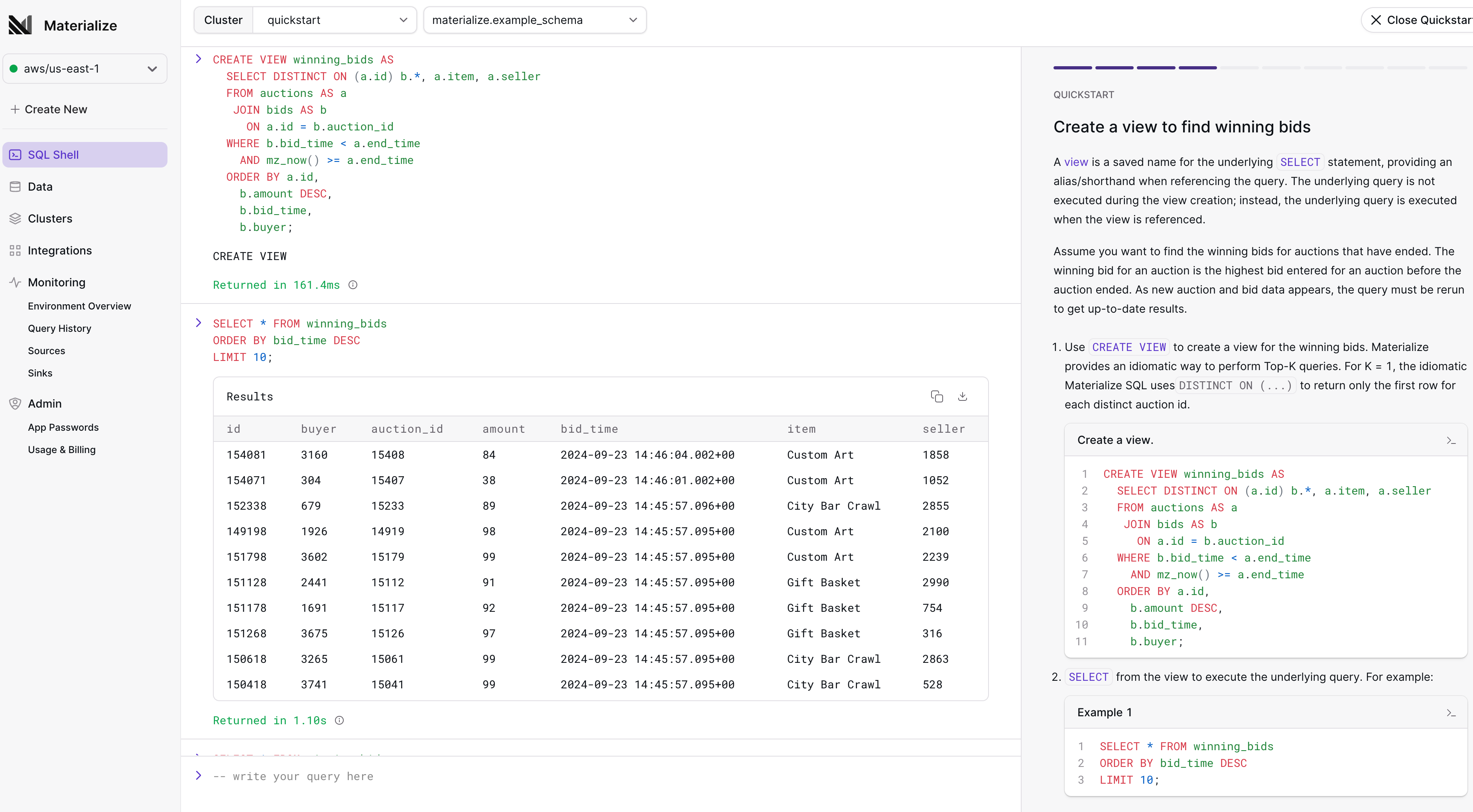 Image of Quickstart in the Materialize Console