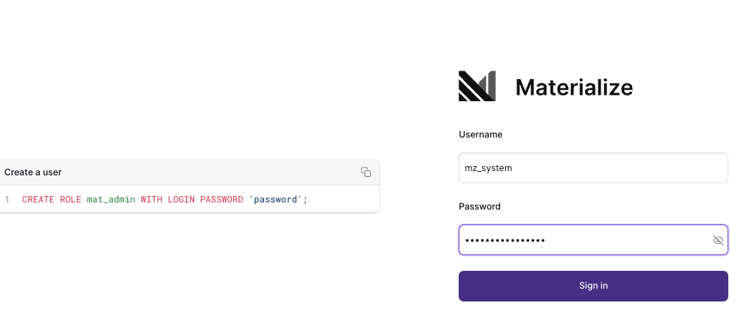 Image of Materialize Console login screen with mz_system user